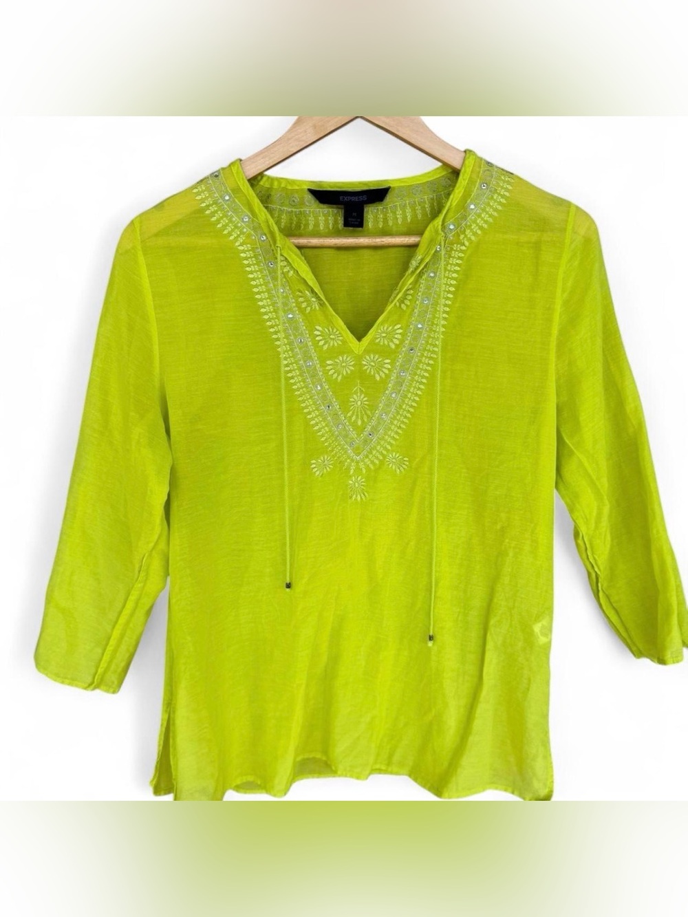 Express Lime Green Cotton Silk Embroidered Boho Top Size Medium